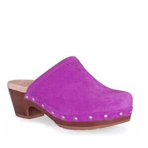 UGG Australia New Girls 2 Evie Slip On Clogs Leather Suede Wood Wool Pink Purple